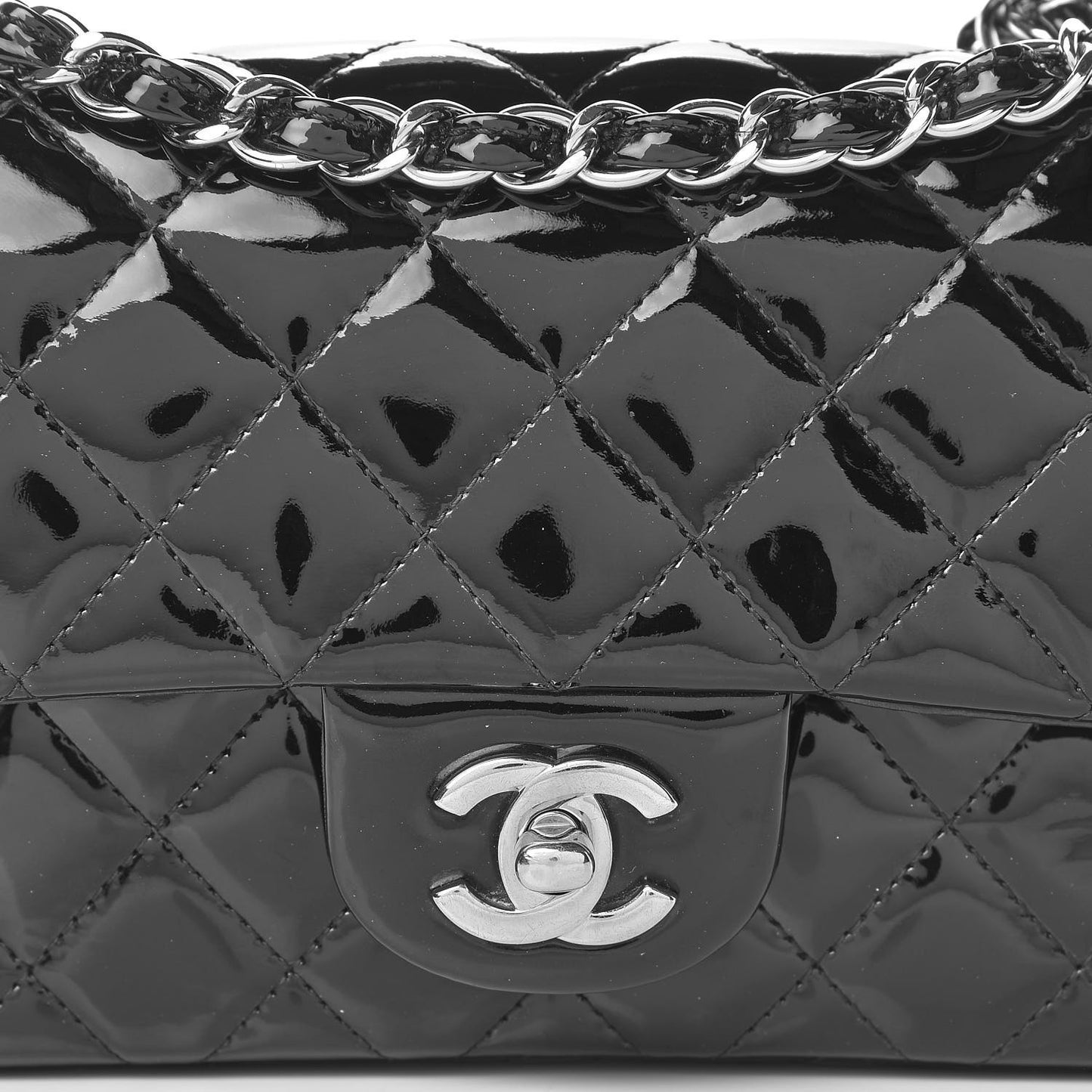 Patent Calfskin Quilted Mini Rectangular Flap Black