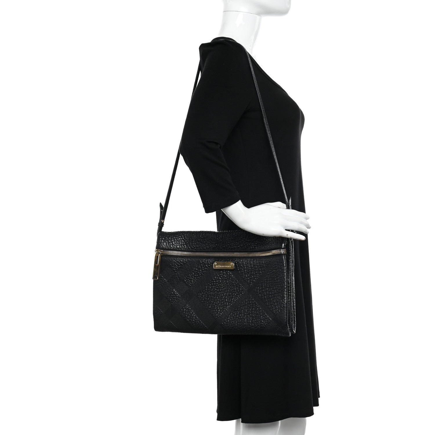 Burberry Signature Grain Calfskin Check Embossed Medium Balmoral Clutch Bag Black 2 of 10