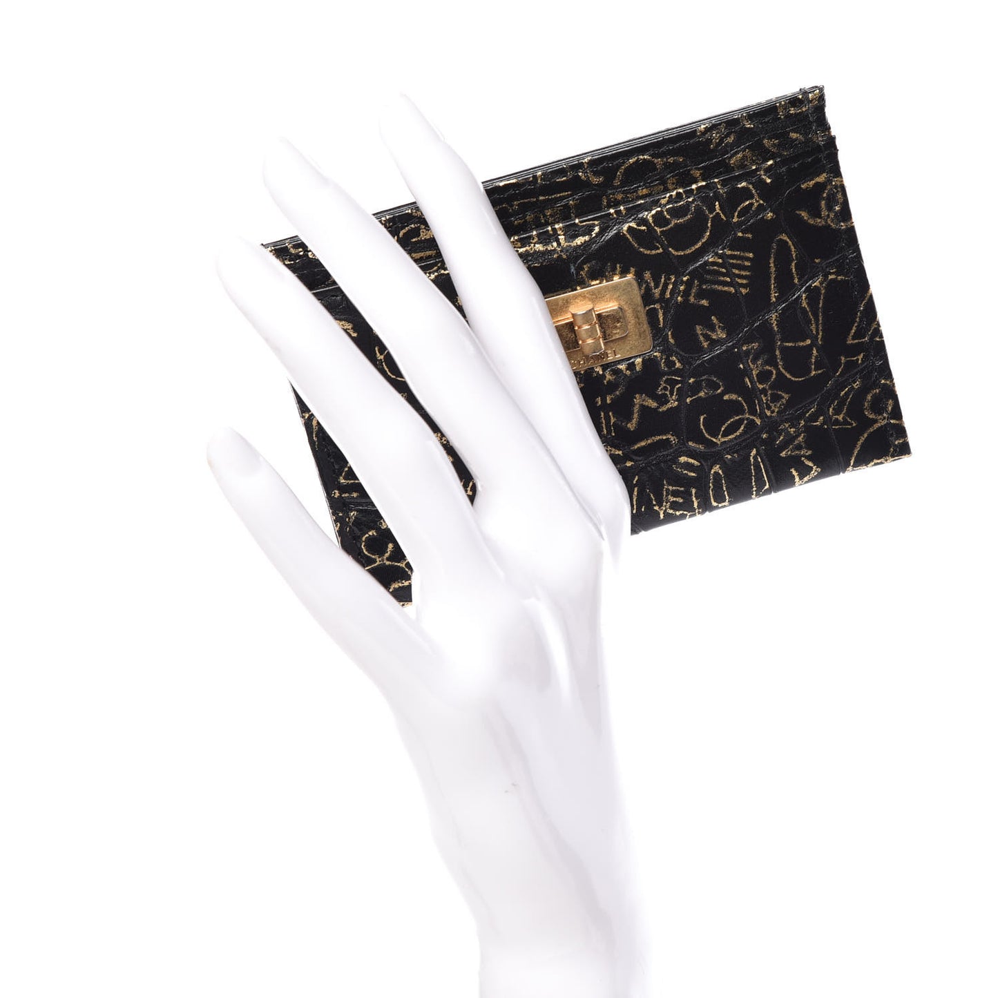 Calfskin Crocodile Embossed Graffiti 2.55 Cocodile Reissue Card Holder Black Gold