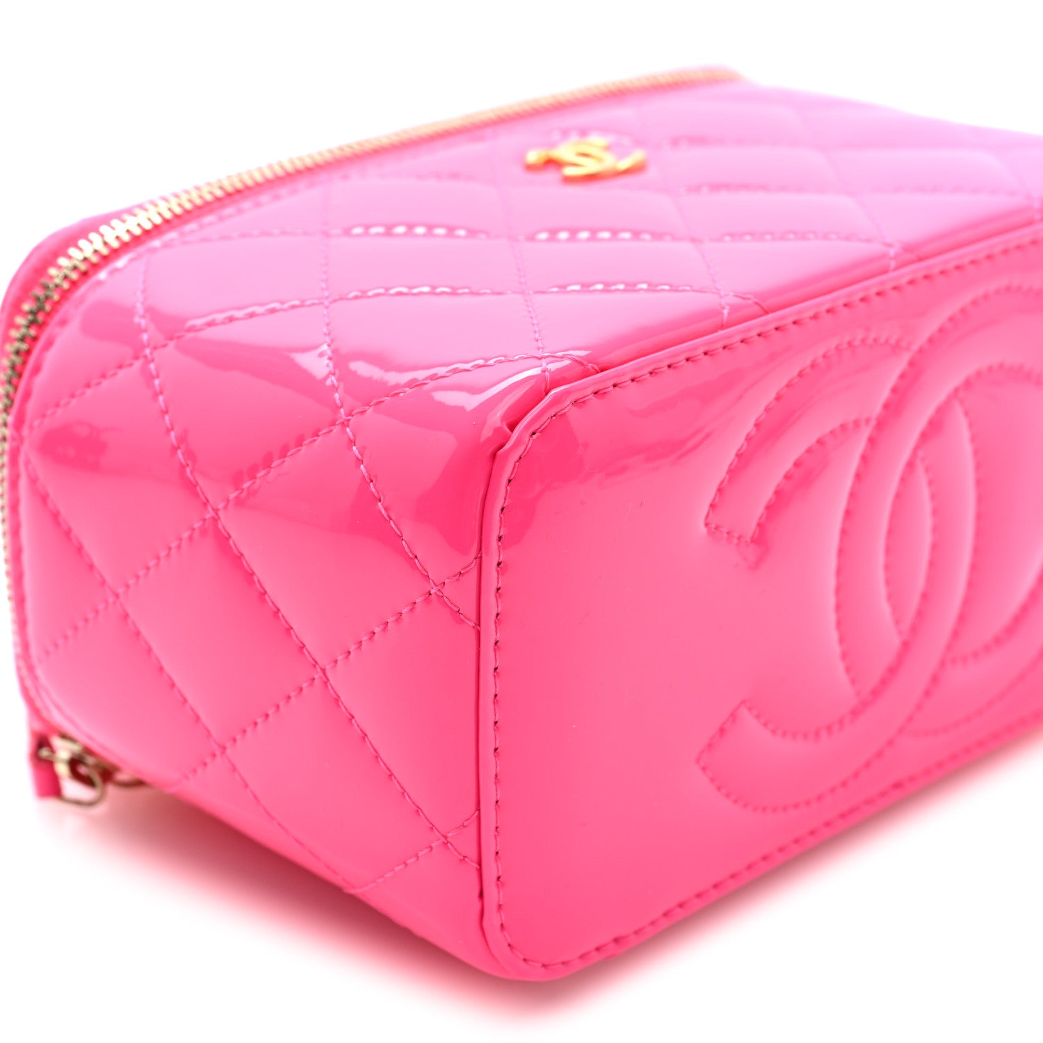 Chanel Patent Quilted Pearl Crush Small Vanity Case With Chain Neon Pink 9 of 10
