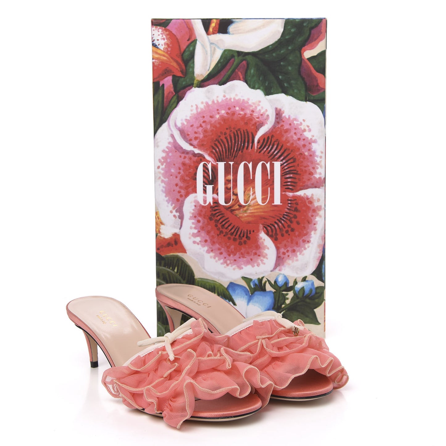 Tulle Ruffle Low Heel Slide Sandals 37 Peach White