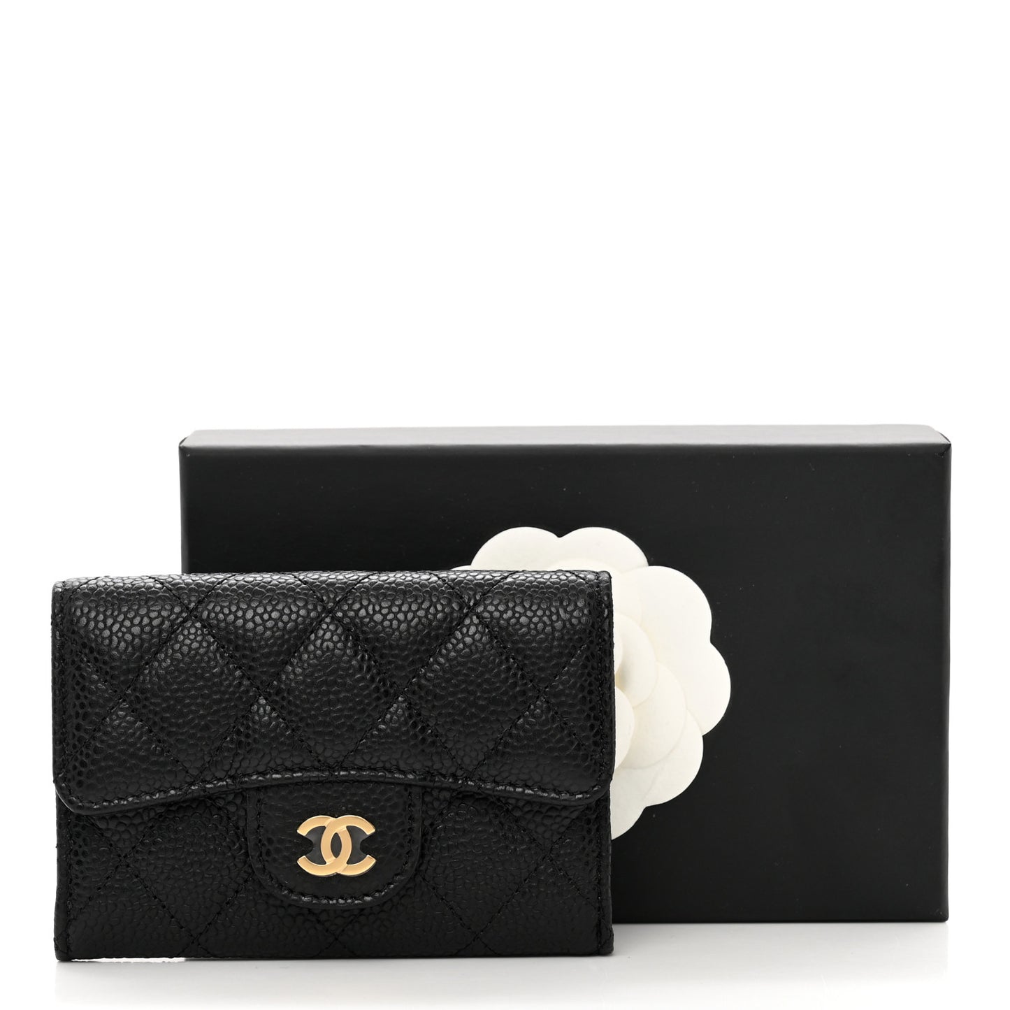 Caviar Quilted Flap Card Holder Wallet Black