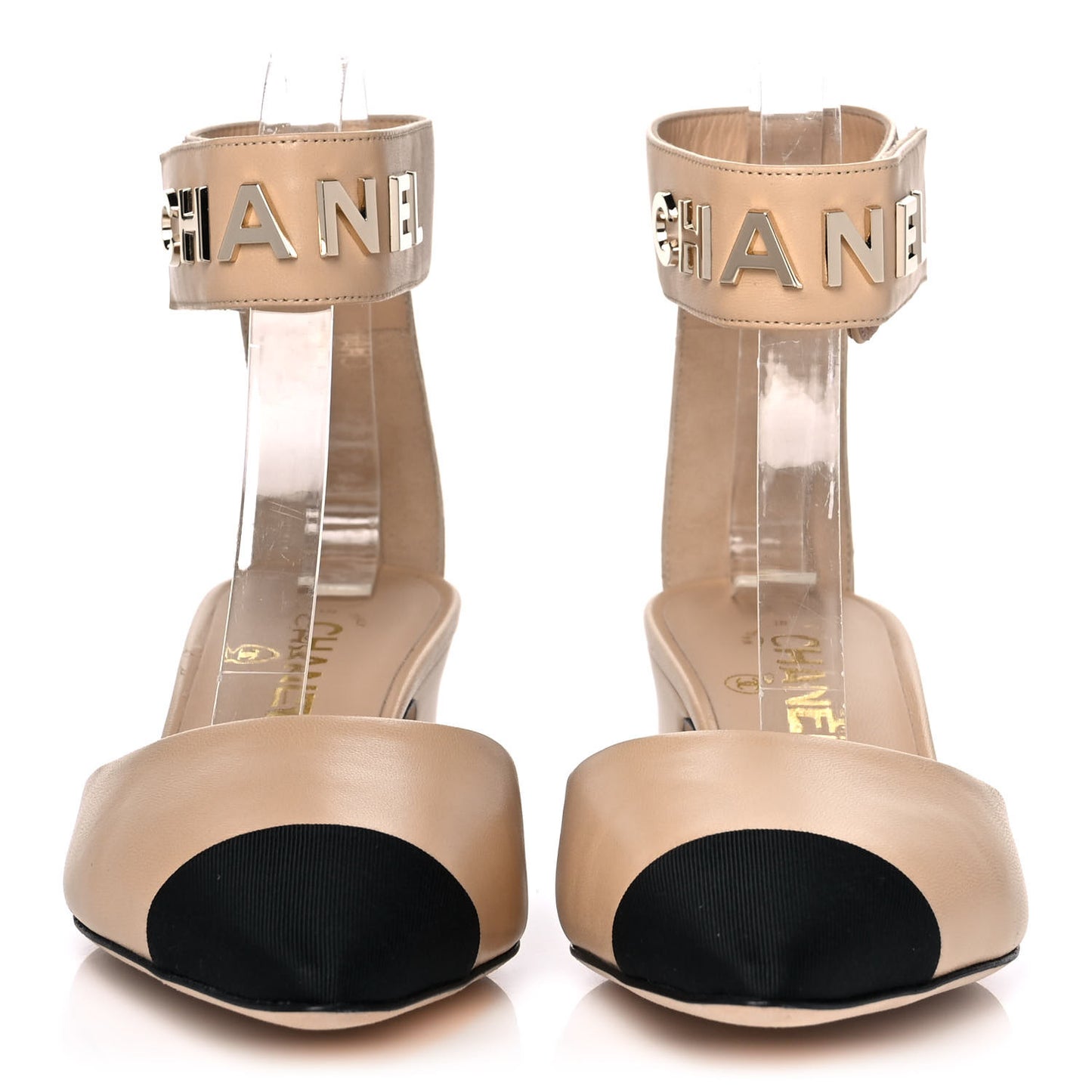 Lambskin Grosgrain Cap Toe Logo Ankle Strap Pumps 39 Beige Black