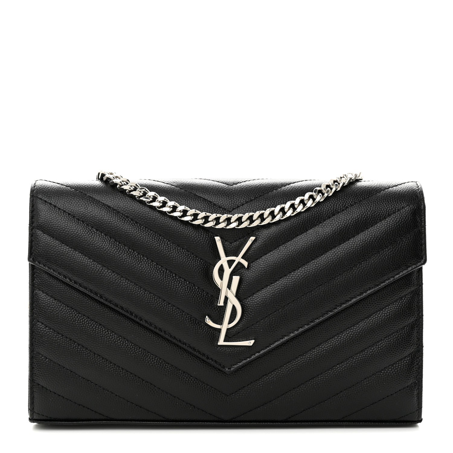 Saint Laurent Grain De Poudre Matelasse Chevron Monogram Chain Wallet Black 1 of 11
