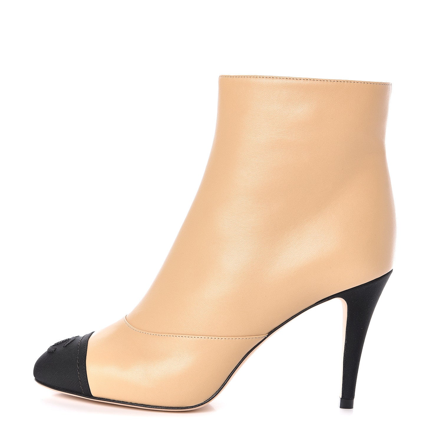 Chanel Lambskin Grosgrain Cap Toe Short Ankle Boots 36 Beige Black 1 of 8