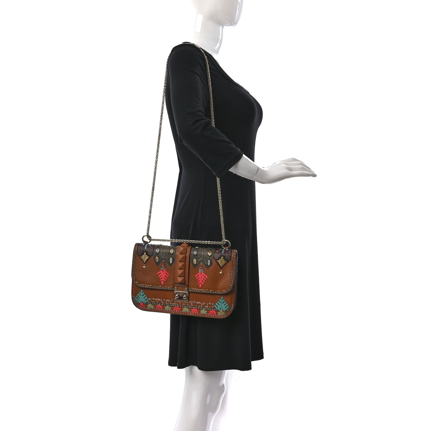 Pebbled Calfskin Embroidered Medium Glam Lock Rockstud Flap Brown