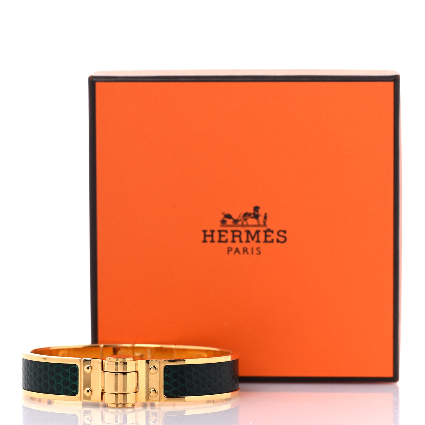Lizard Charniere Cuir Narrow Hinged Bracelet S Vert Moyen