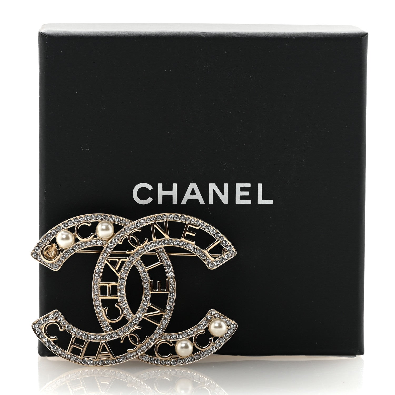 Chanel Crystal Pearl Coco CC Logo Brooch Gold 4 of 4