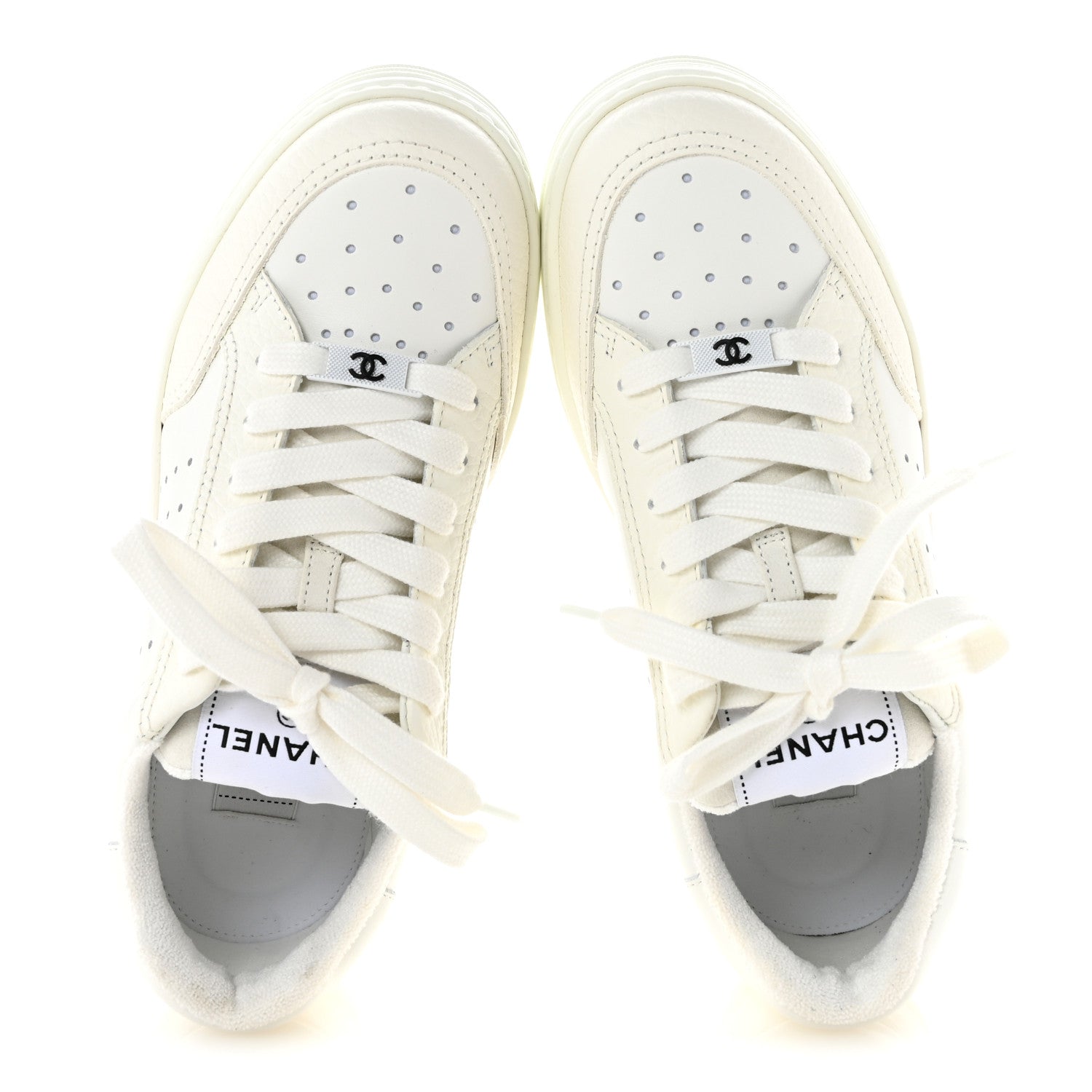 Chanel Grained Calfskin Fabric Womens Logo Sneakers 37.5 White