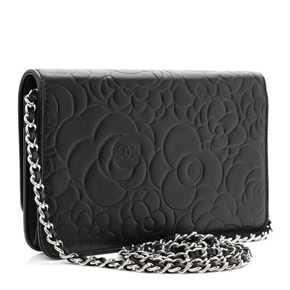 Chanel Lambskin Camellia Embossed Wallet on Chain WOC Black 3 of 12
