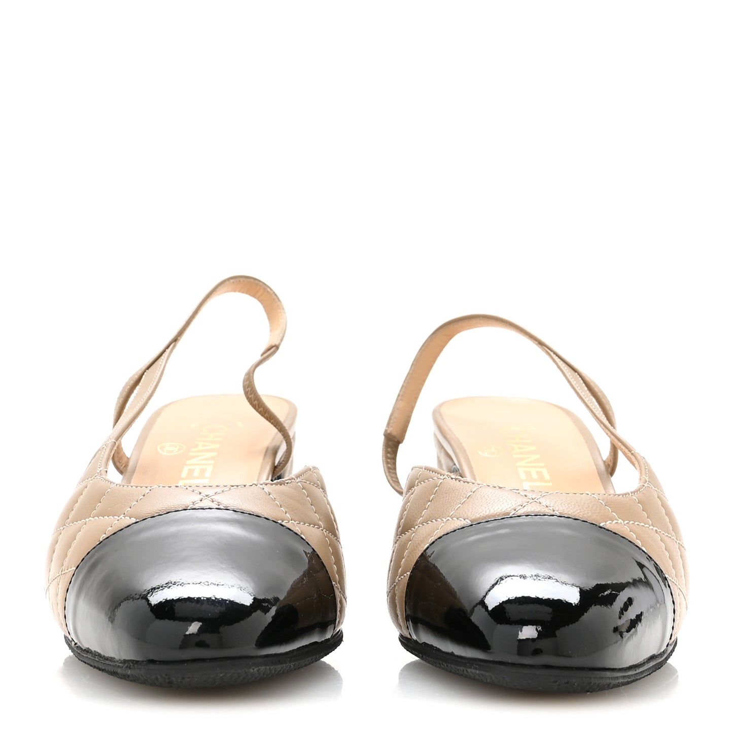 Lambskin Patent Calfskin Quilted Cap Toe CC Slingback Pumps 38.5 Beige Black