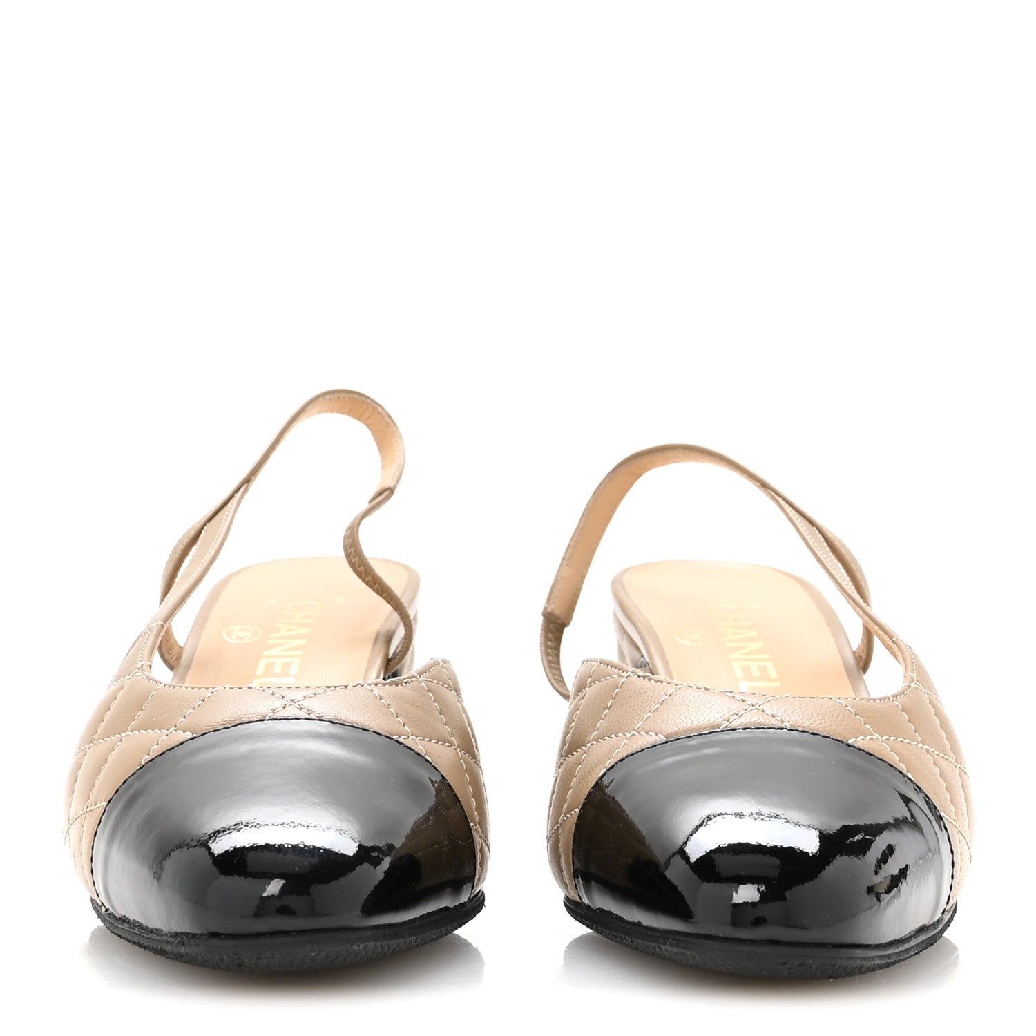 Chanel Lambskin Patent Calfskin Quilted Cap Toe CC Slingback Pumps 38.5 Beige Black 3 of 9