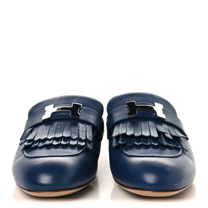 Hermes Goatskin Rivoli Mules 38.5 Bleu Maritime 3 of 10