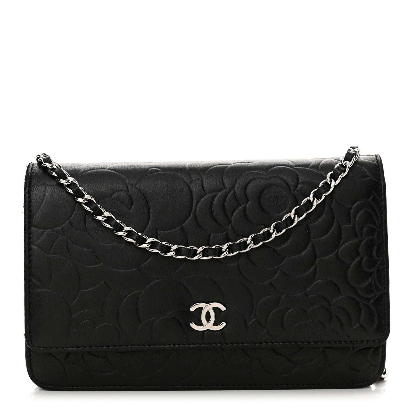 Lambskin Camellia Embossed Wallet on Chain WOC Black