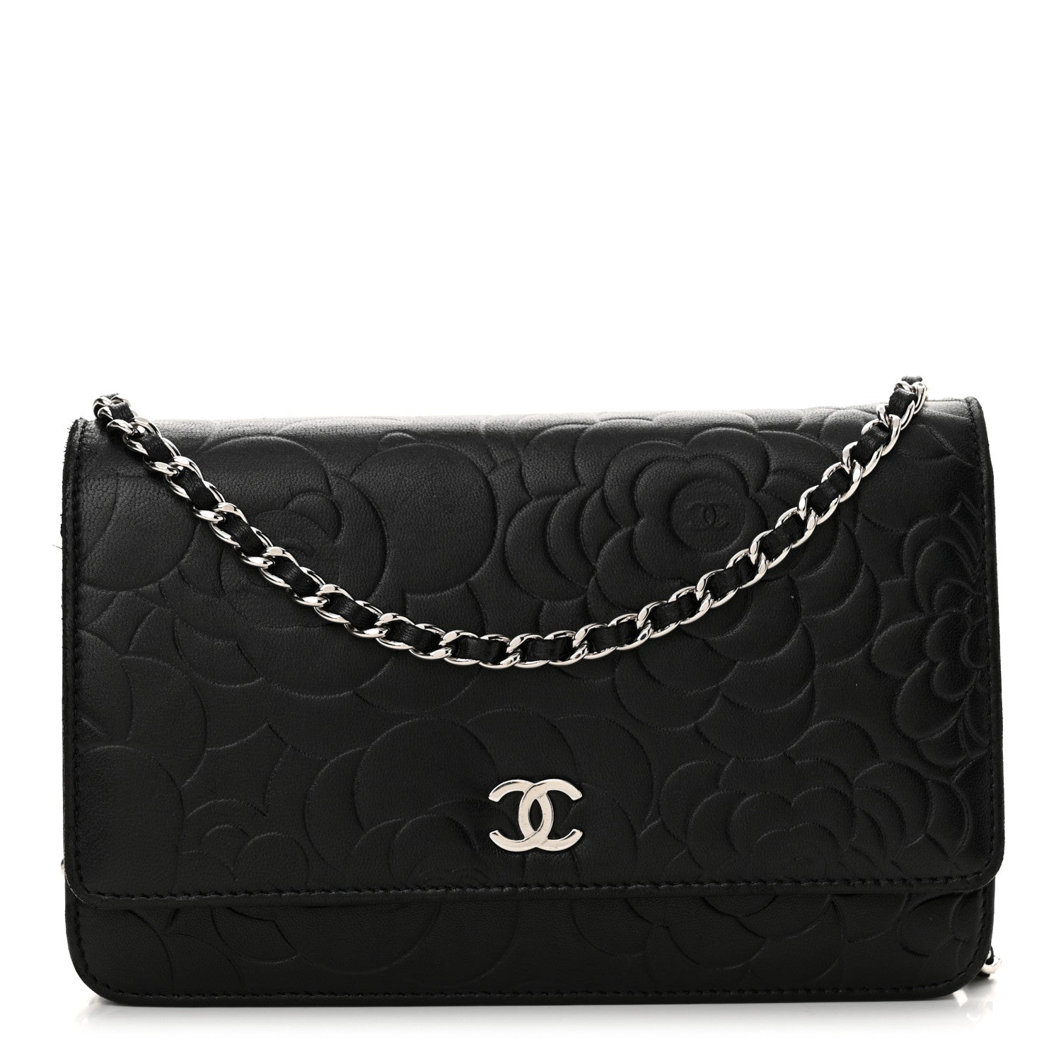 Chanel Lambskin Camellia Embossed Wallet on Chain WOC Black 1 of 15