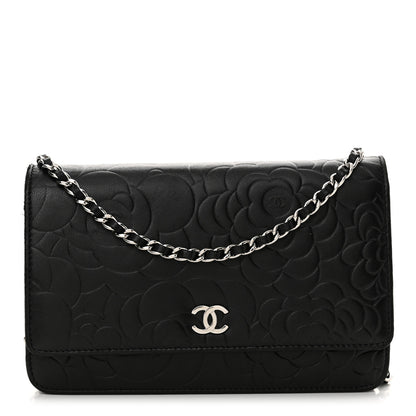 Chanel Lambskin Camellia Embossed Wallet on Chain WOC Black 1 of 15