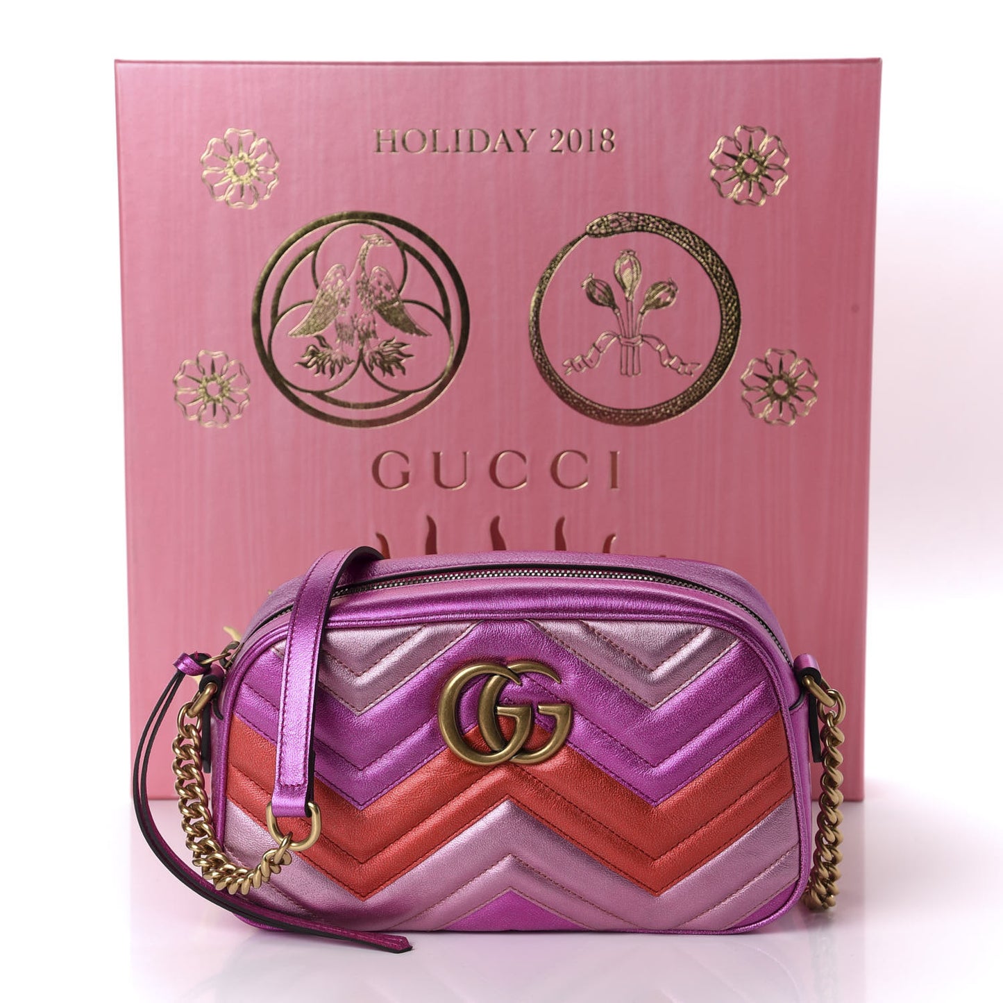 Laminated Nappa Matelasse Small GG Marmont Chain Shoulder Bag Fuxia Rosso Rosa