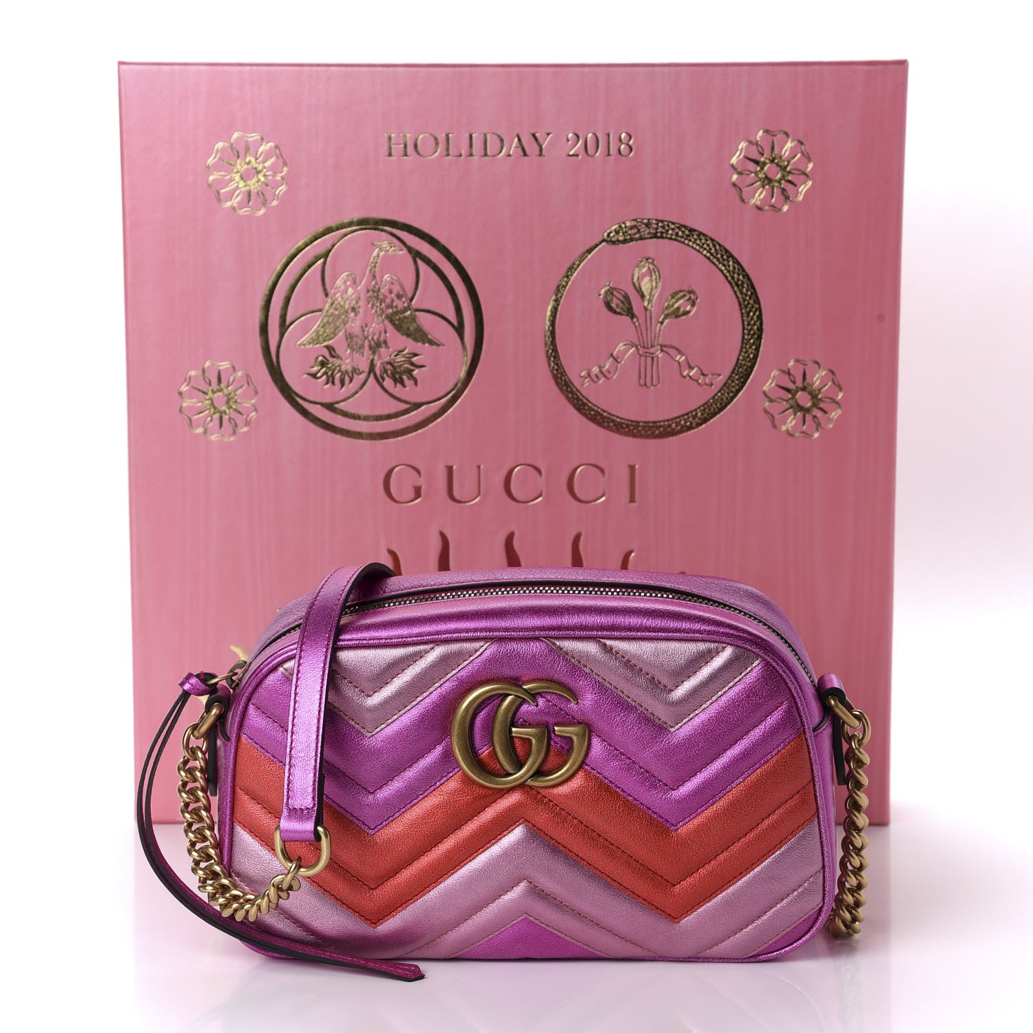 Gucci Laminated Nappa Matelasse Small GG Marmont Chain Shoulder Bag Fuxia Rosso Rosa 10 of 10
