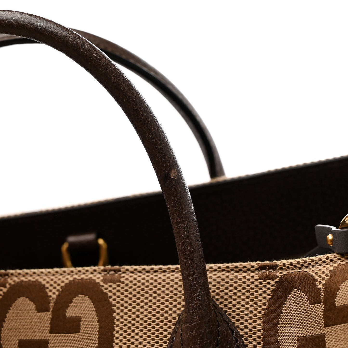 Monogram Jumbo GG Textured Dollar Calfskin Web Tote Bag Camel Ebony New Acero