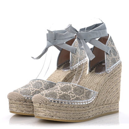 Gucci Lame GG Monogram Ankle Wrap Platform Espadrille Wedges 39 Silver Beige Light Grey 4 of 12