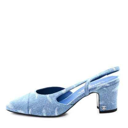 Chanel Printed Denim Cap Toe CC Slingback Pumps 39 Light Blue White 1 of 10
