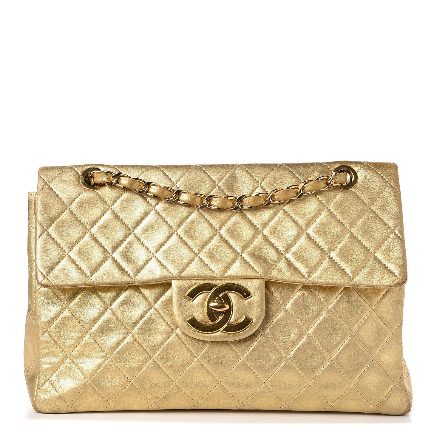 Metallic Lambskin Quilted XL Jumbo Single Flap Gold