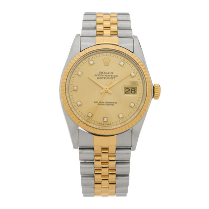 Rolex Stainless Steel 18K Yellow Gold Diamond 36mm Oyster Perpetual Datejust Watch Champagne 16233 1 of 5