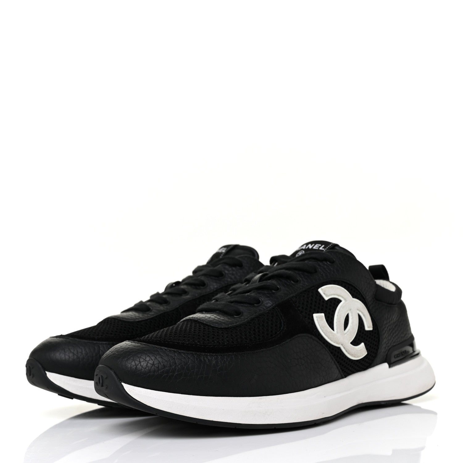 Chanel Calfskin Mesh Suede Mens CC Sneakers 43 Black White 3 of 9