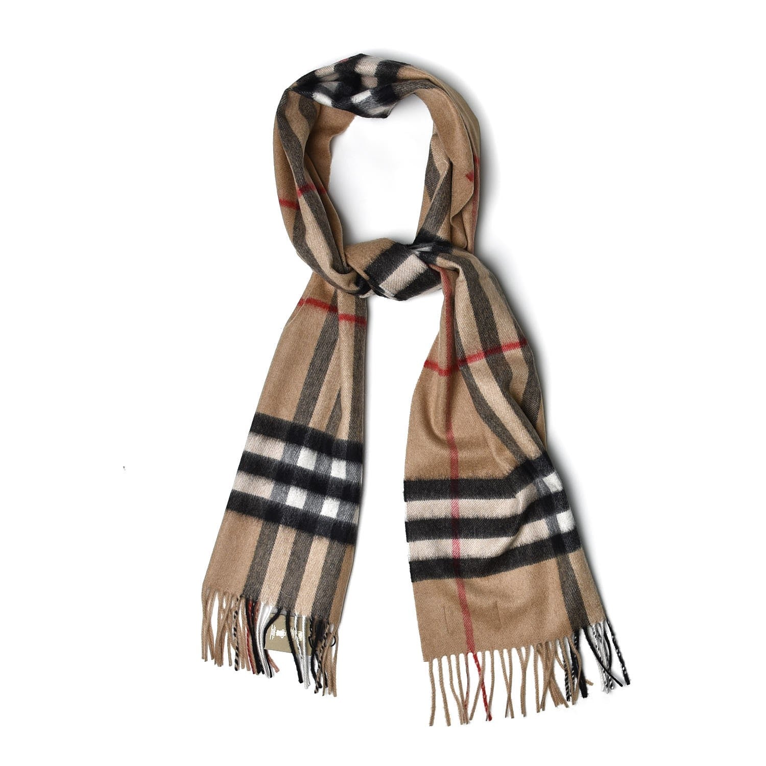 Burberry Cashmere Giant Check Fringe Scarf Camel 1 of 5