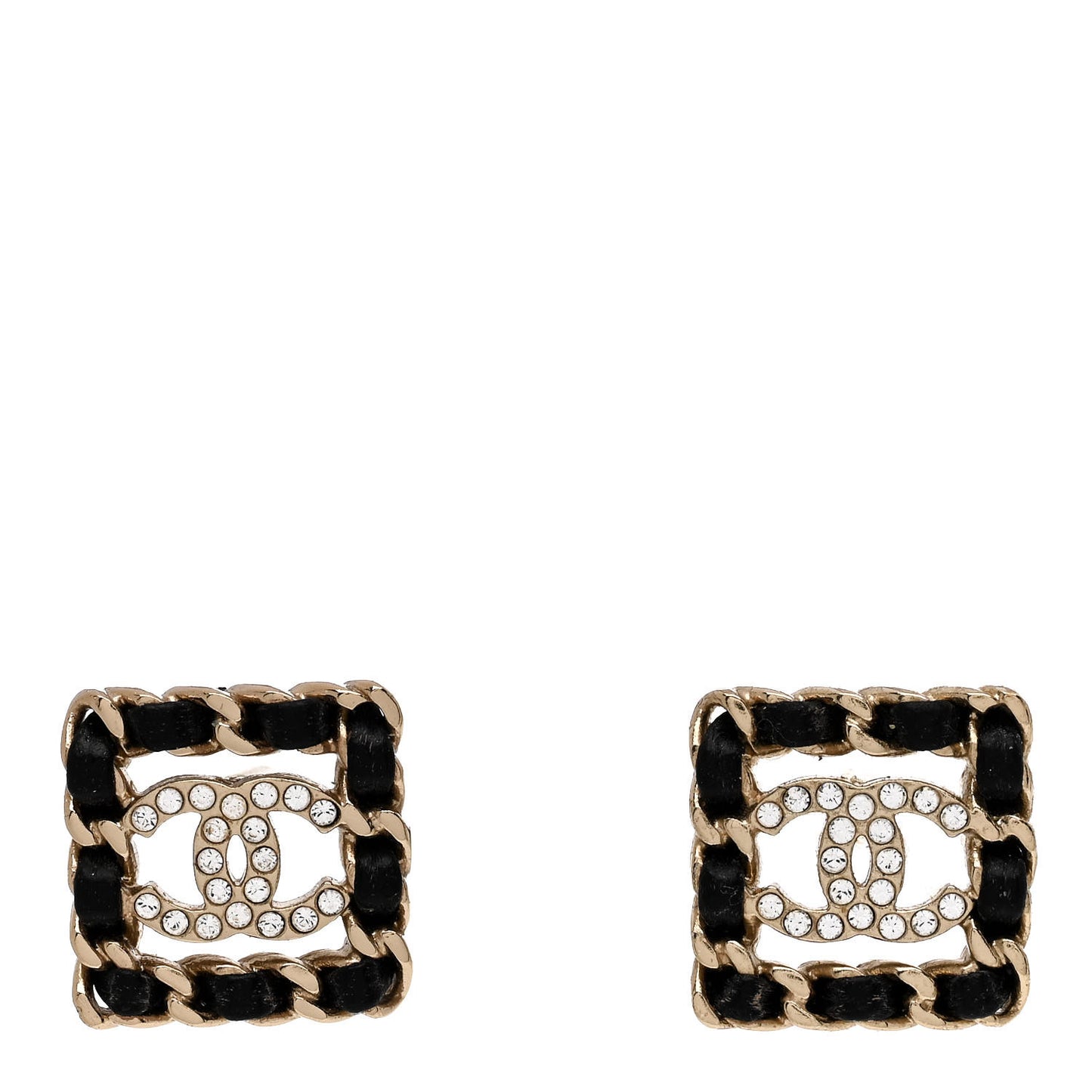 Crystal Lambskin Chain Sergeant Chanel Stud Earrings Black Gold