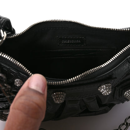 Balenciaga Extra Supple Calfskin Crocodile Embossed Crystal Le Cagole Mini Purse With Chain Black 6 of 10