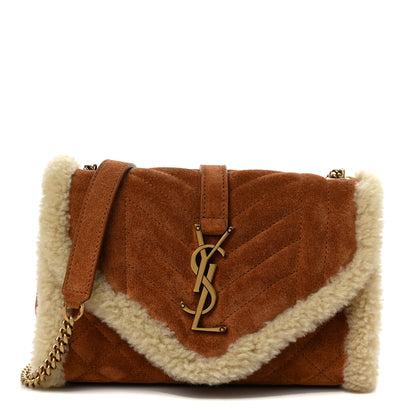 Saint Laurent Nubuck Shearling Mixed Matelasse Triquilt Small Monogram Satchel Ivory Natural Tan 1 of 8