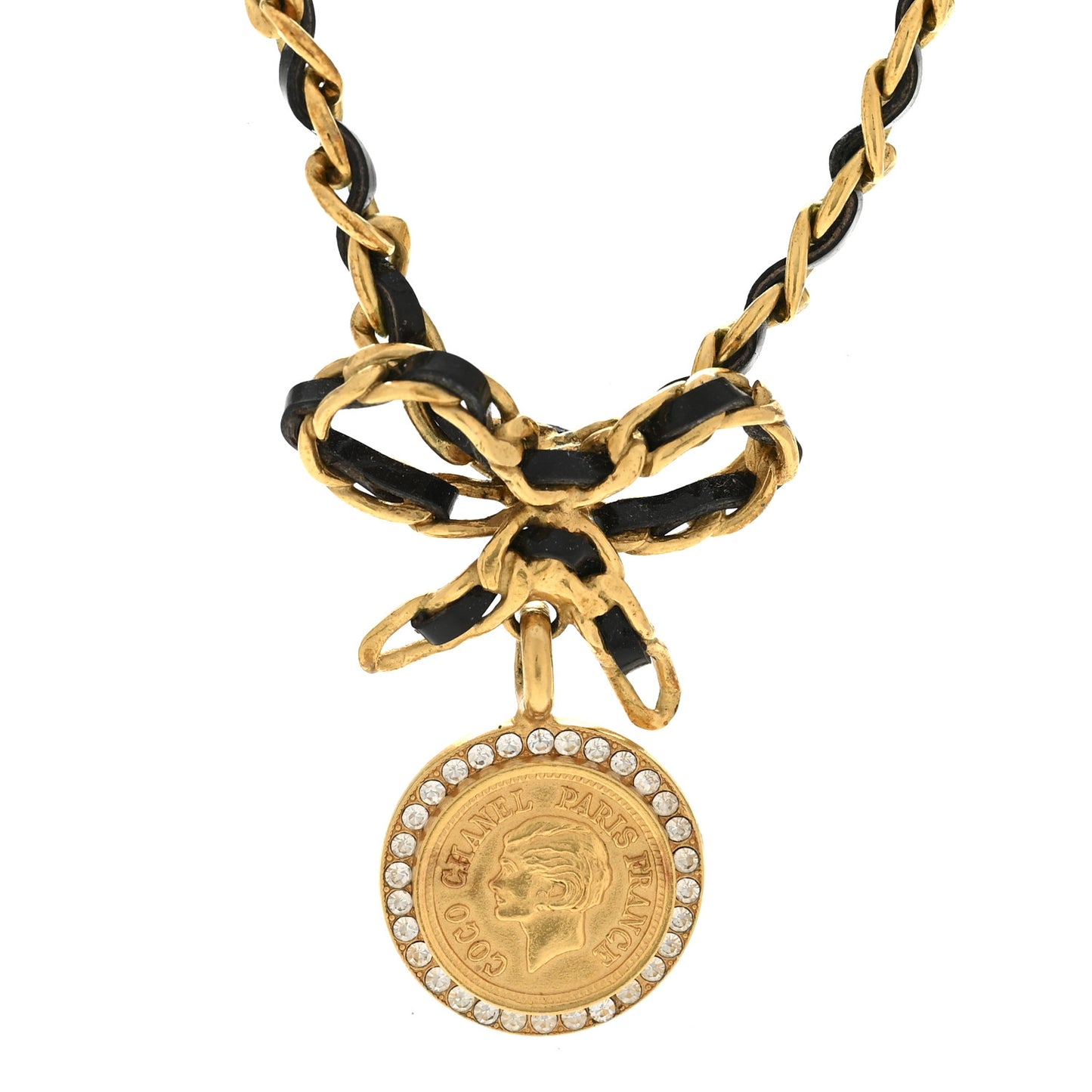 Metal Lambskin Chain Bow Medallion Necklace Black Gold