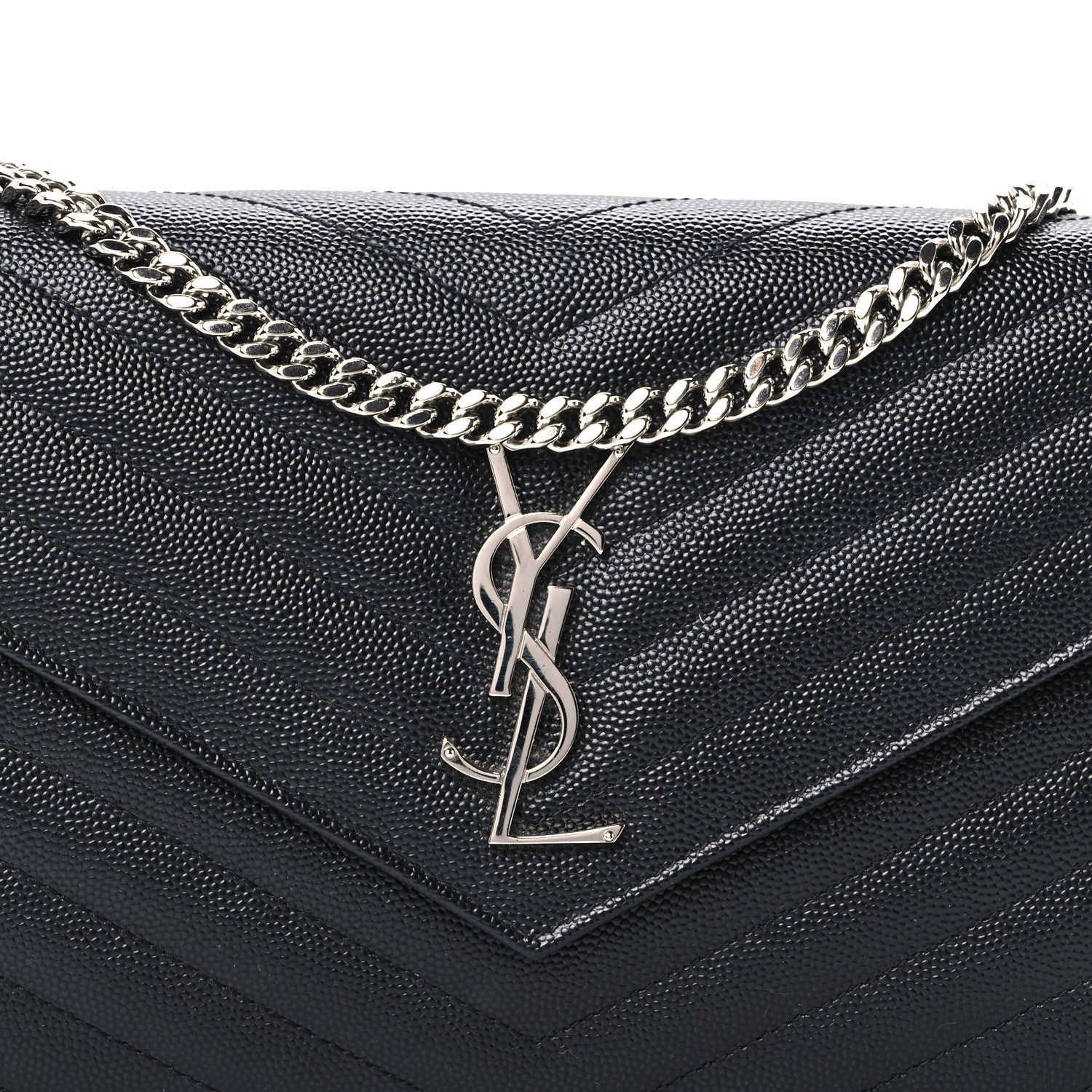 Saint Laurent Grain De Poudre Matelasse Chevron Monogram Chain Wallet Black 6 of 9