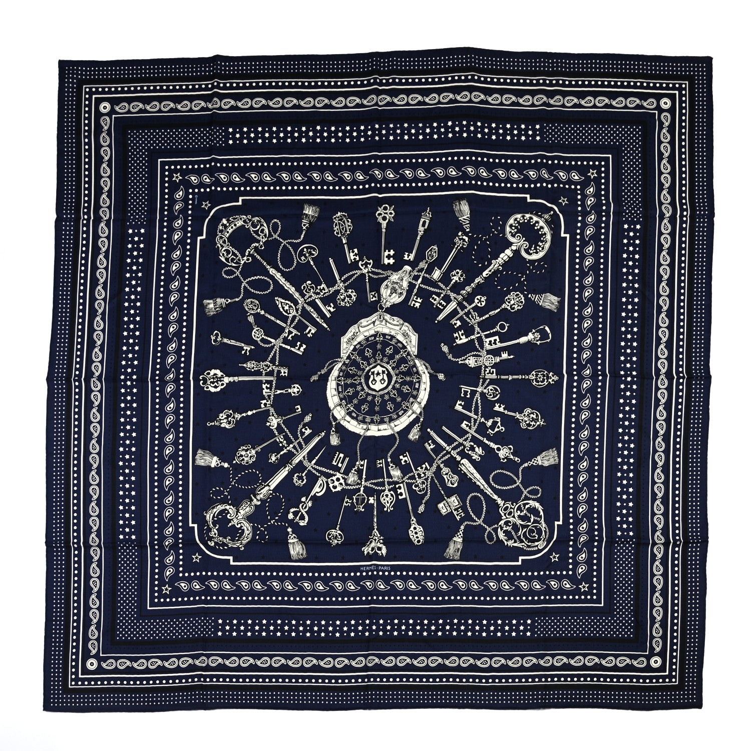 Hermes Cashmere Silk Les Cles Bandana Shawl 140 Marine Black White 1 of 6