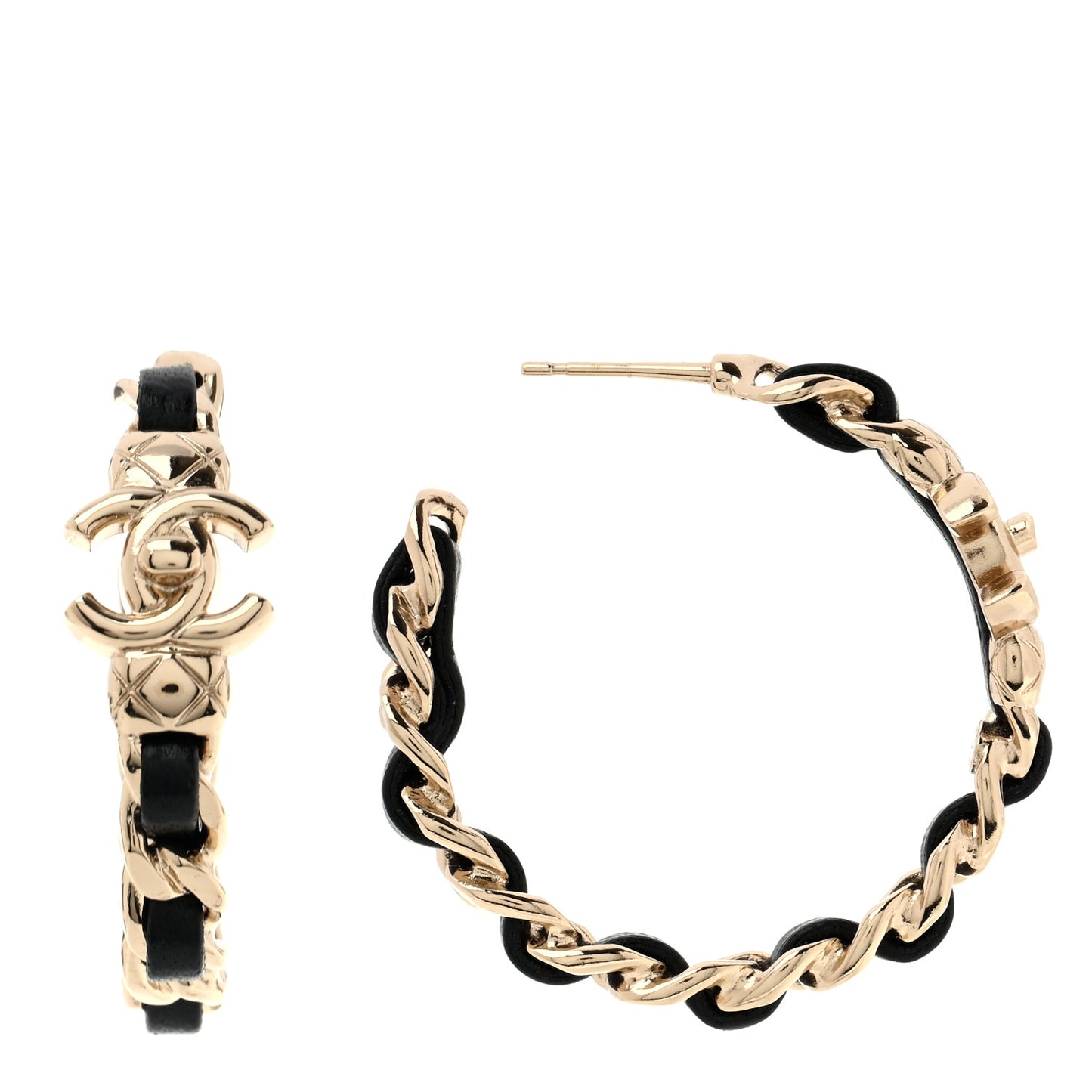 Metal Lambskin Quilted CC Turnlock Chain Hoop Earrings Gold Black