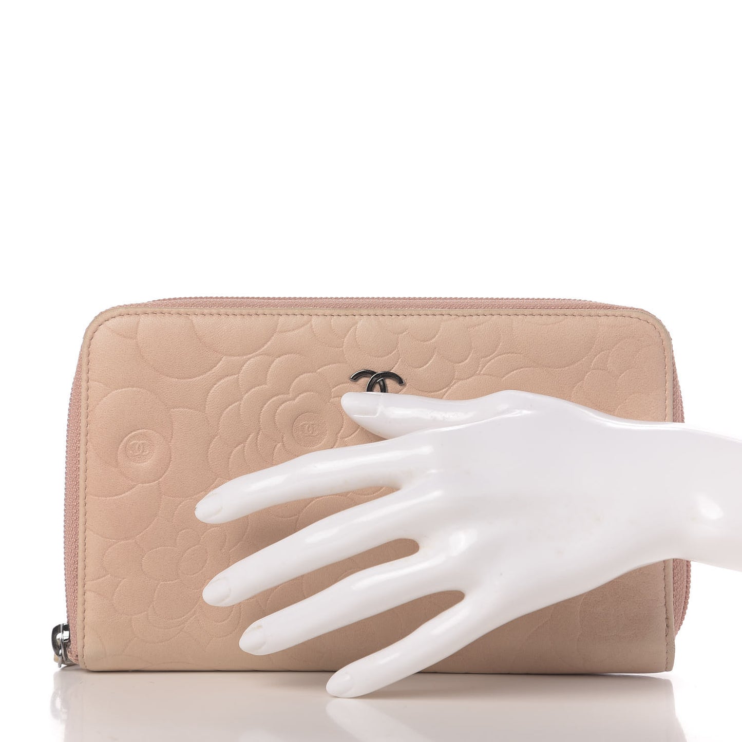 Lambskin Camellia Embossed Zip Around Organizer Wallet Pink