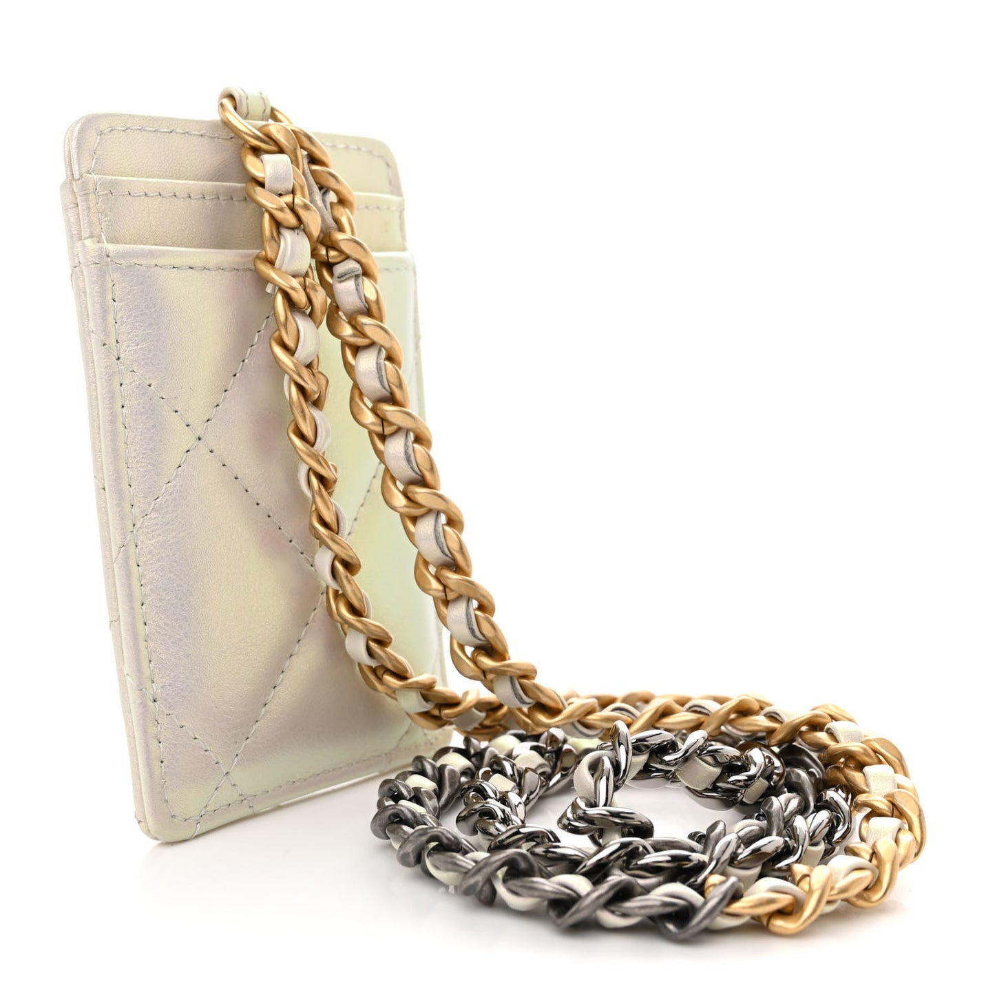 Iridescent Calfskin Quilted Chanel 19 Card Holder On Chain White