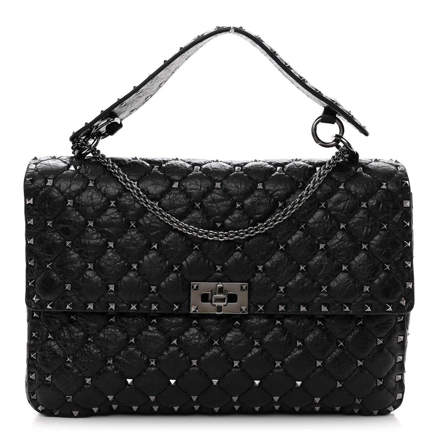 Craquele Nappa Large Rockstud Spike Shoulder Bag Black