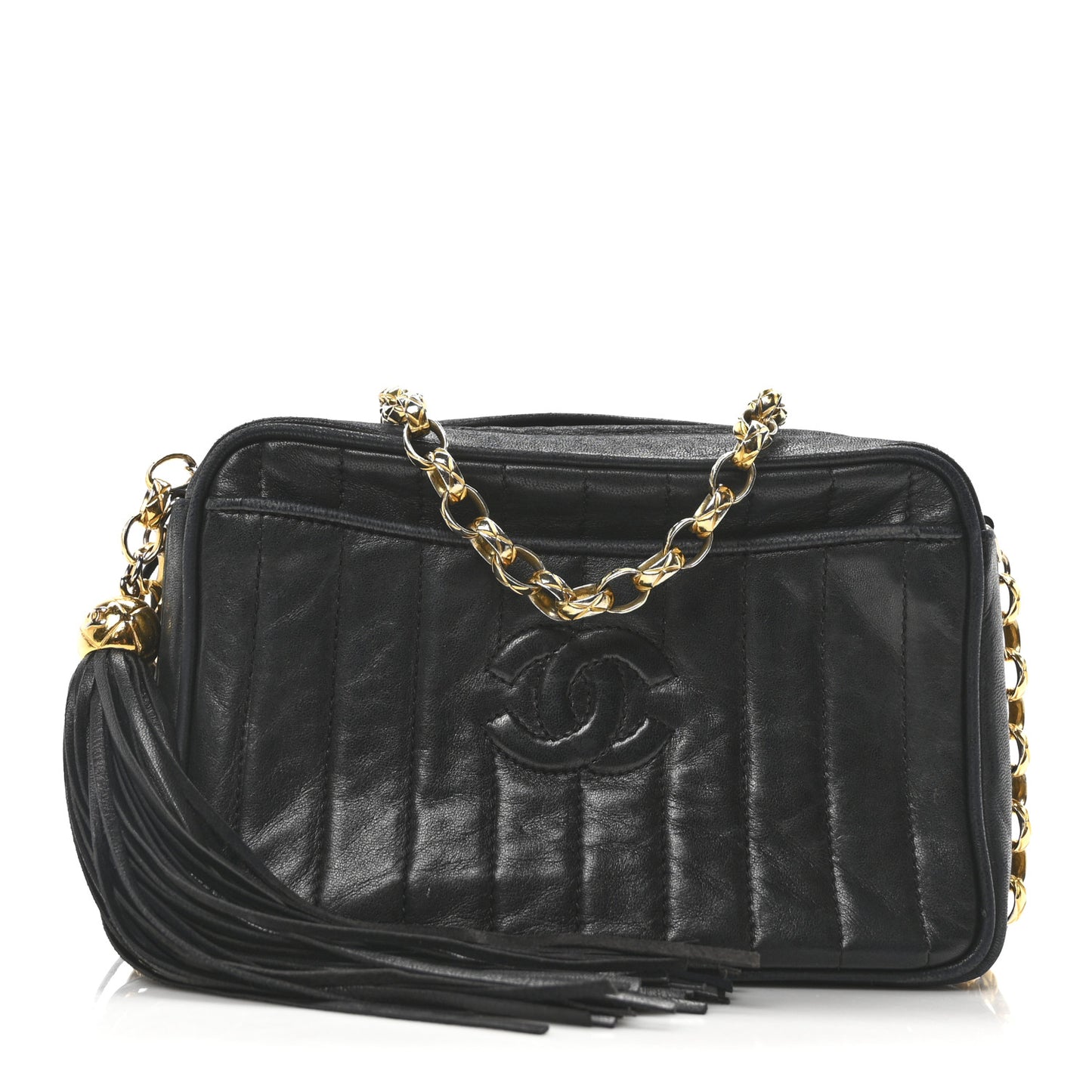 Lambskin Vertical Quilted Tassel Camera Case Black
