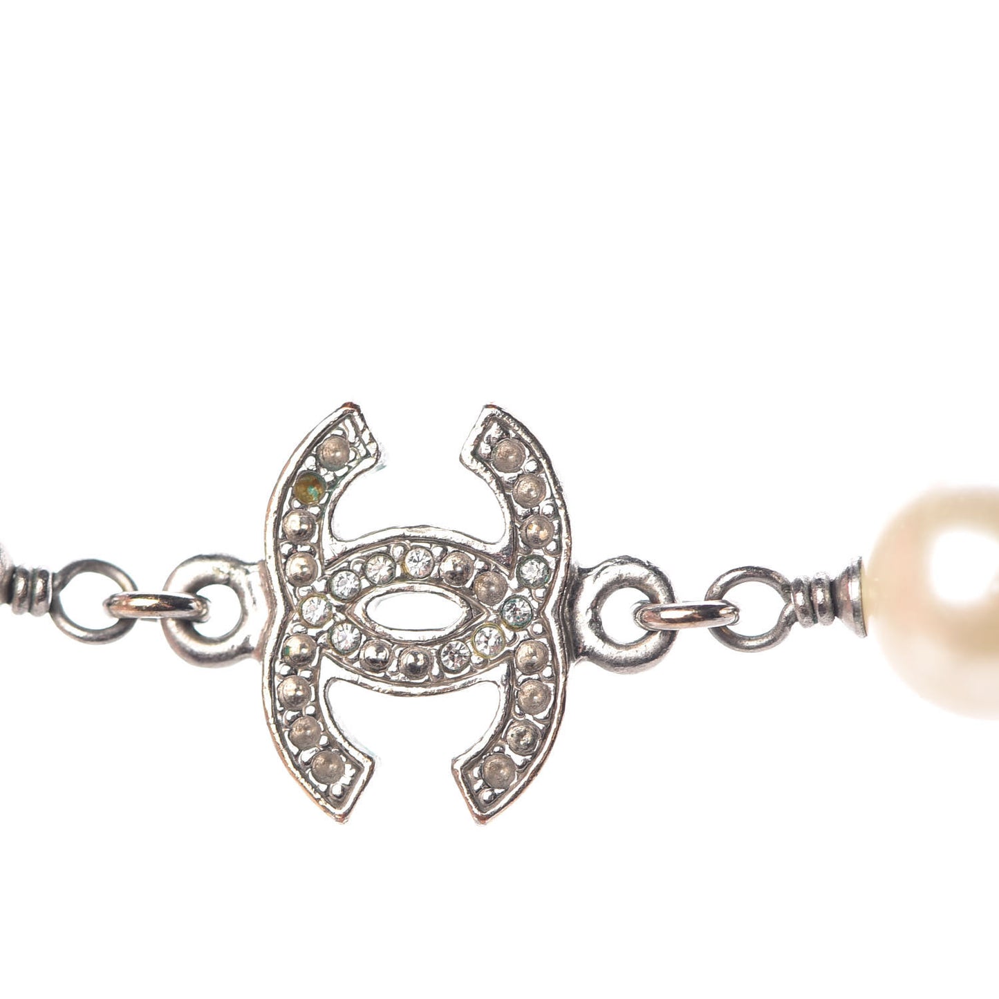 Pearl Crystal CC Necklace Silver Pearly White