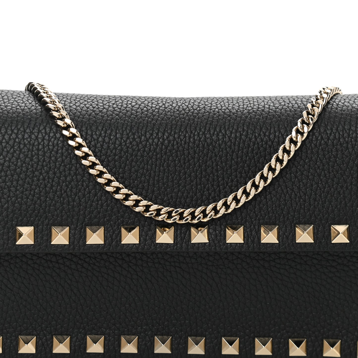 Pebbled Calfskin Rockstud Flap Wallet On Chain Black