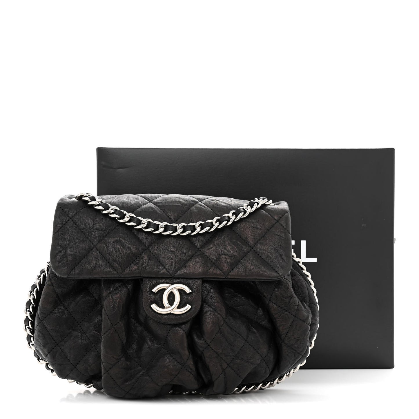 Washed Lambskin Quilted Medium Chain Around Messenger Black