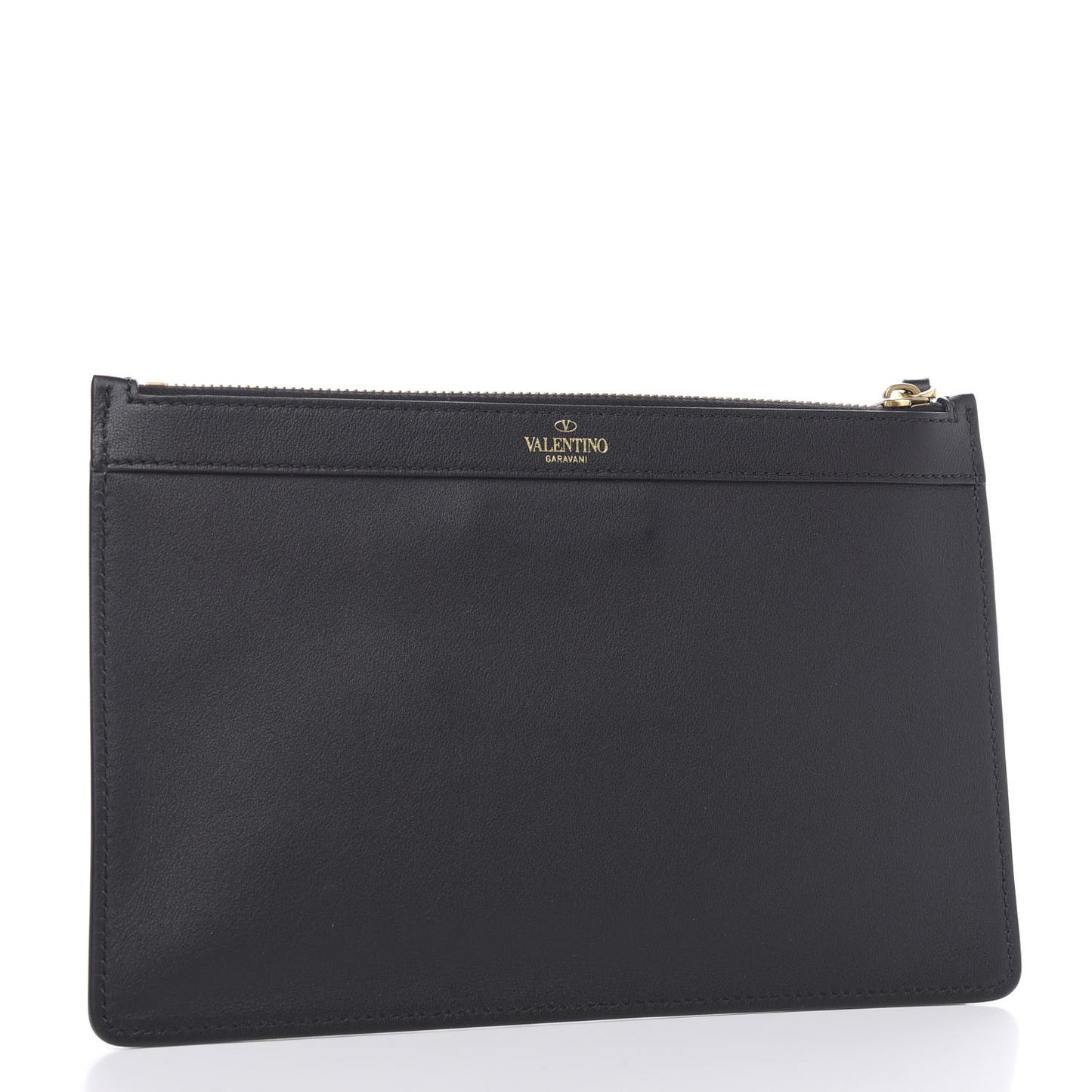 Calfskin Vlogo Zip Wristlet Pouch Black