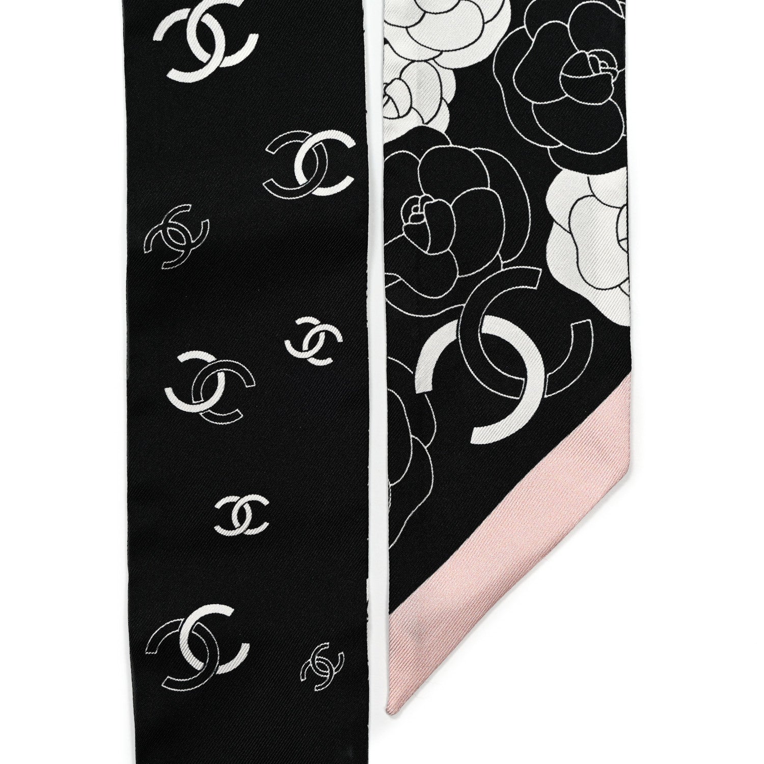Chanel Silk Slim Camellia CC Bandeau Scarf Black White Pink 2 of 4