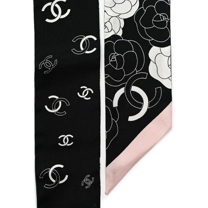 Chanel Silk Slim Camellia CC Bandeau Scarf Black White Pink 2 of 4