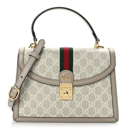 Gucci GG Supreme Monogram Textured Dollar Calfskin Web Small Ophidia Padlock Top Handle Bag Beige Mystic White Oatmeal 1 of 9