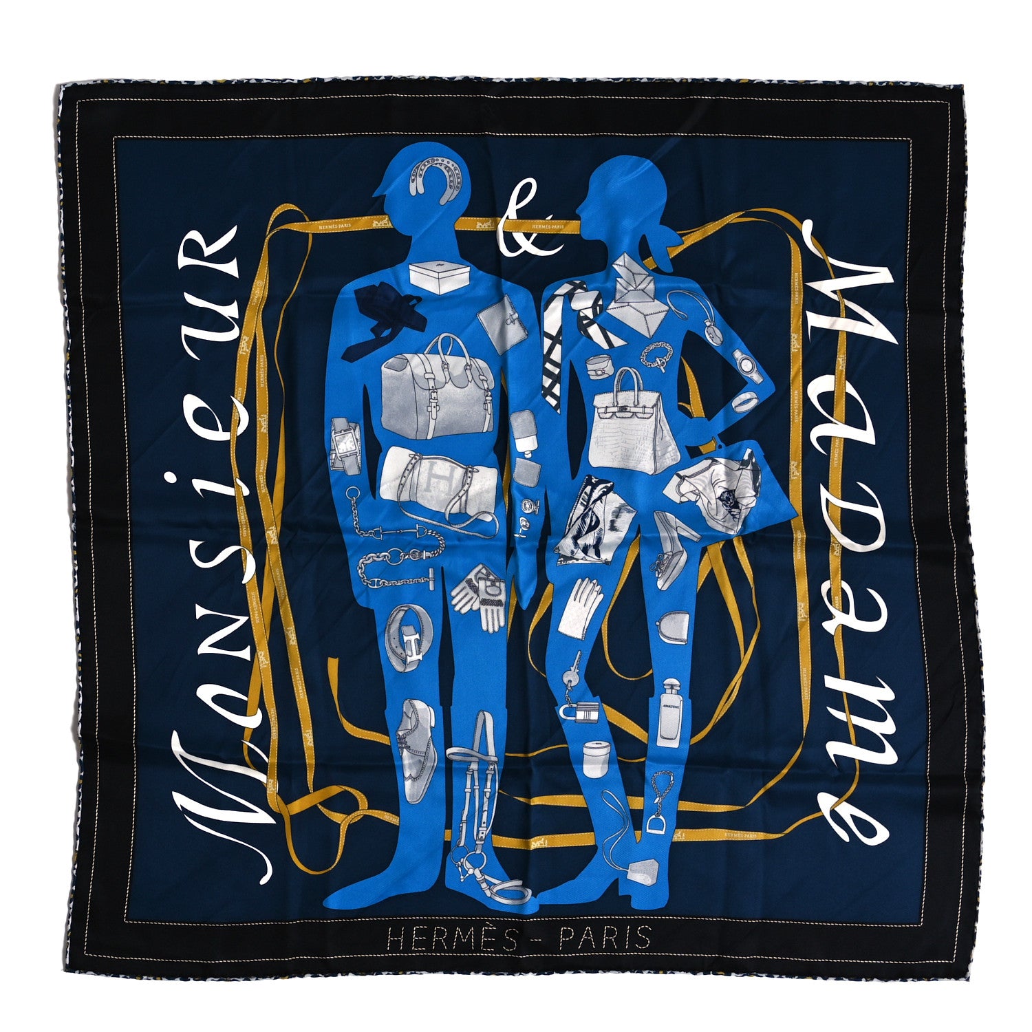 Hermes Vintage Silk Monsieur Et Madame Scarf 70 Marine Cobalt Gold 1 of 3