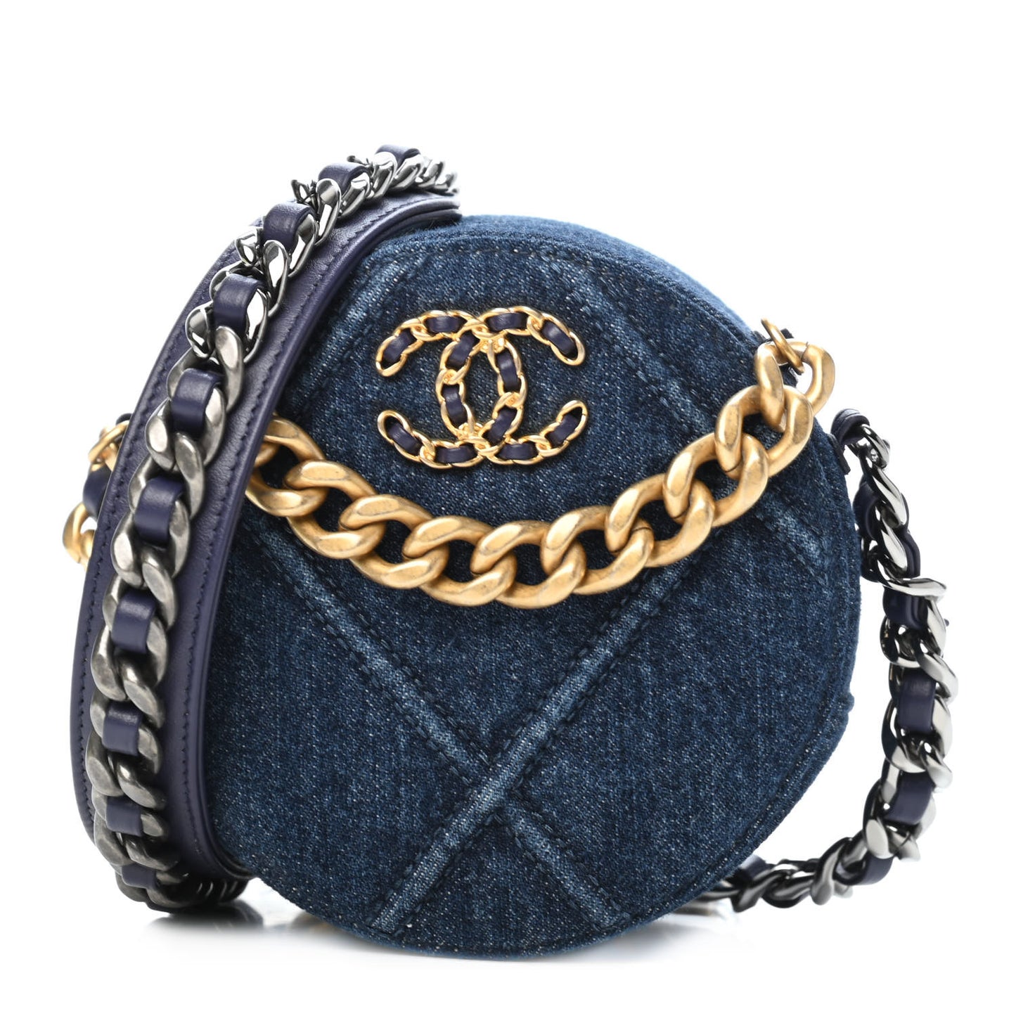 Denim Quilted Chanel 19 Round Clutch With Chain Blue