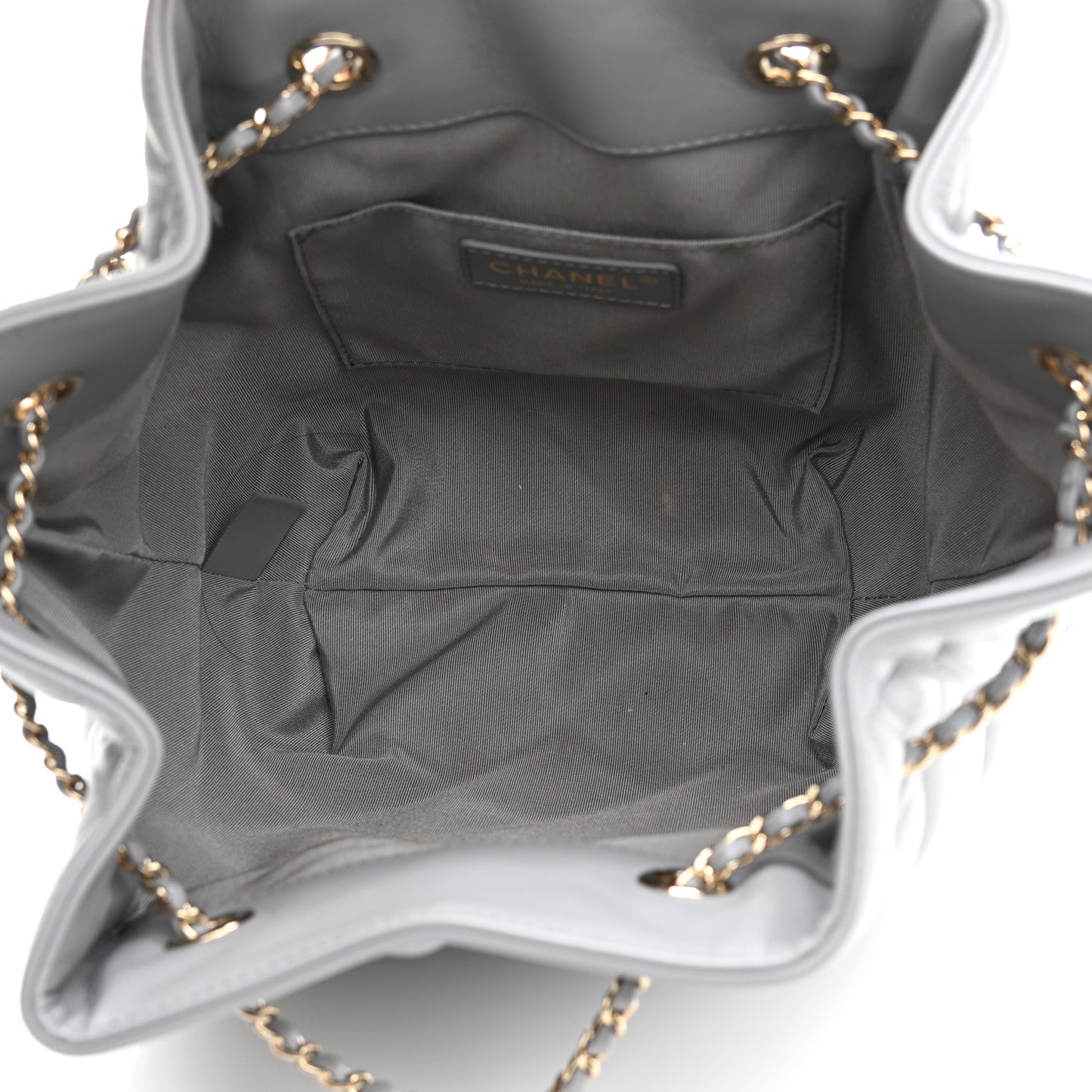 Lambskin Quilted CC Dweller Drawstring Bucket Bag Light Grey